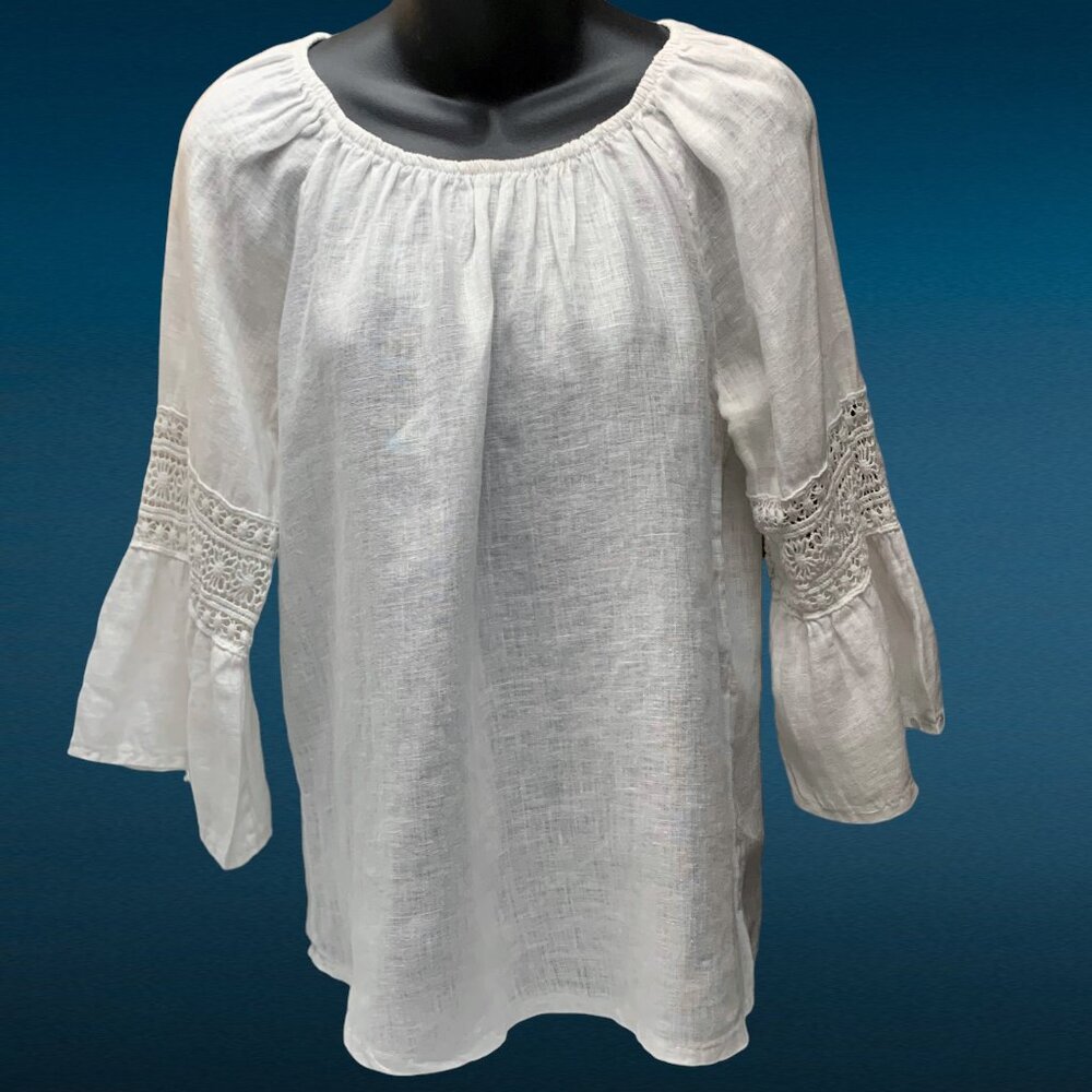 Alessia Pacini White Linen‎ Crochet Accent Bell Sleeves Bohemian Top
